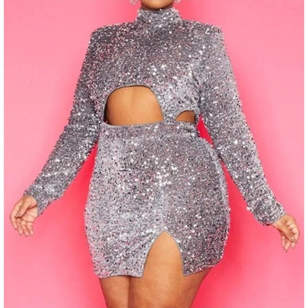 New Plus Size Silver Sequin Cut‎ Out Bodycon Dress Pretty Little Things Size 14